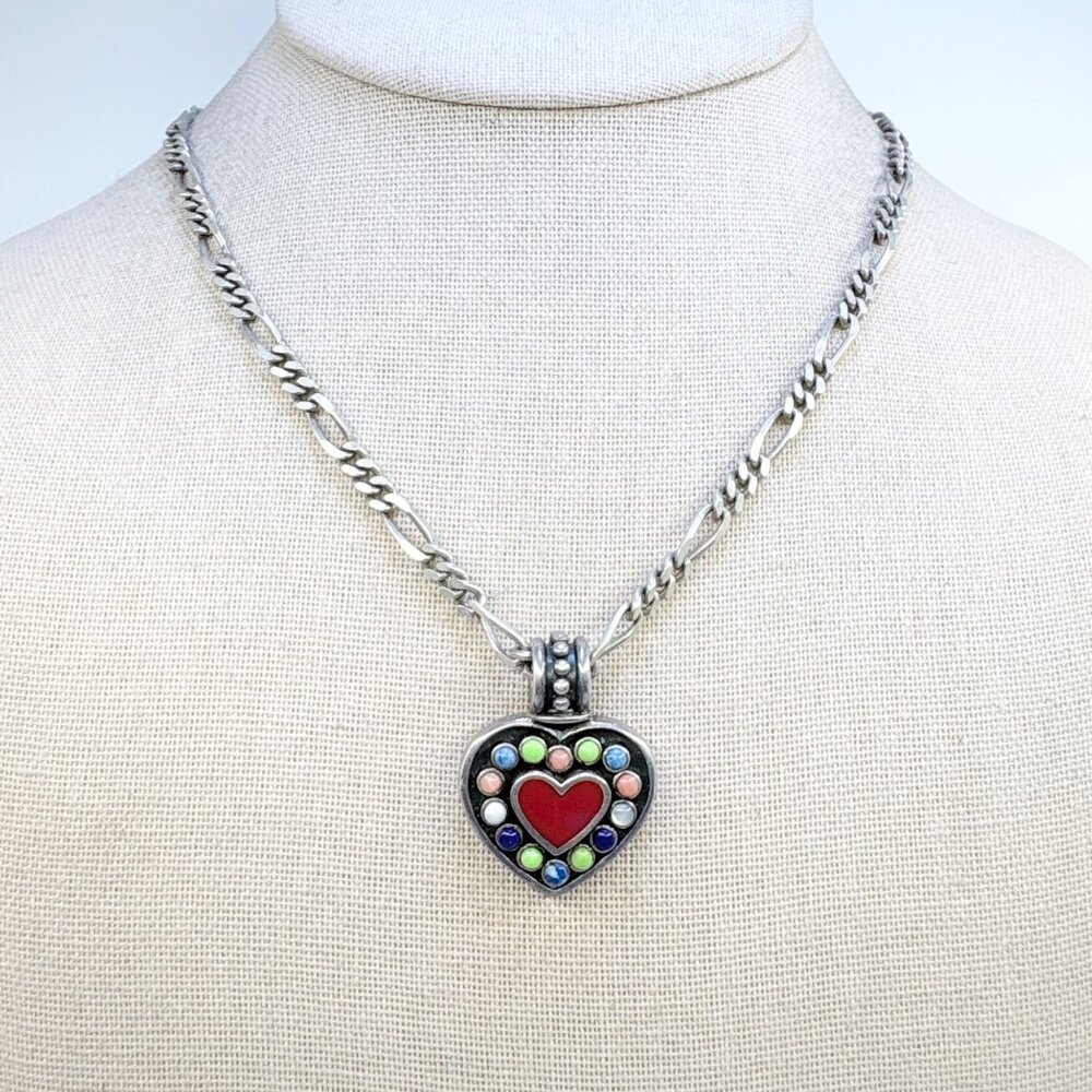 Multi Stone Heart Figaro Chain Pendant Necklace Sterling Silver 925 19.5" Length